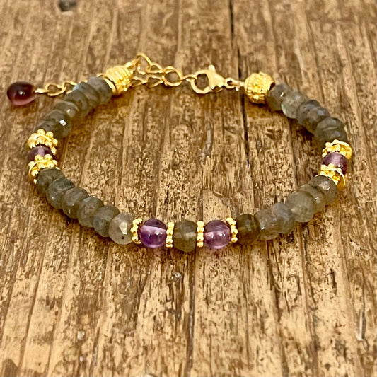 Bracelet Doré, Labradorite et Améthyste