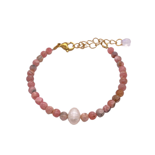 Bracelet Doré, Rhodochrosite et Perle d'Eau Douce